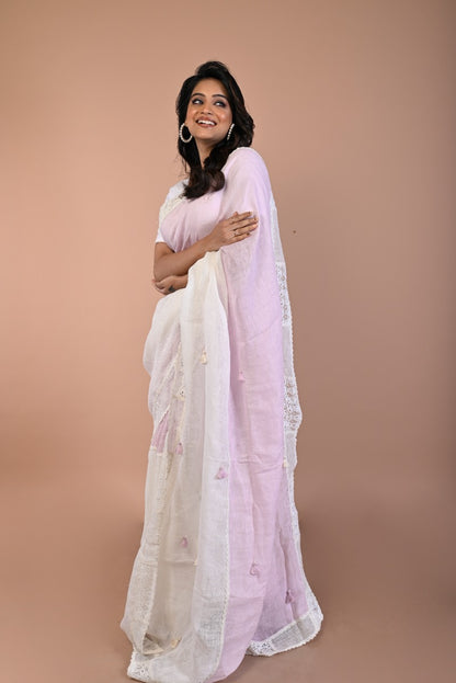 Linen Half-n-Half White And Baby Pink Saree
