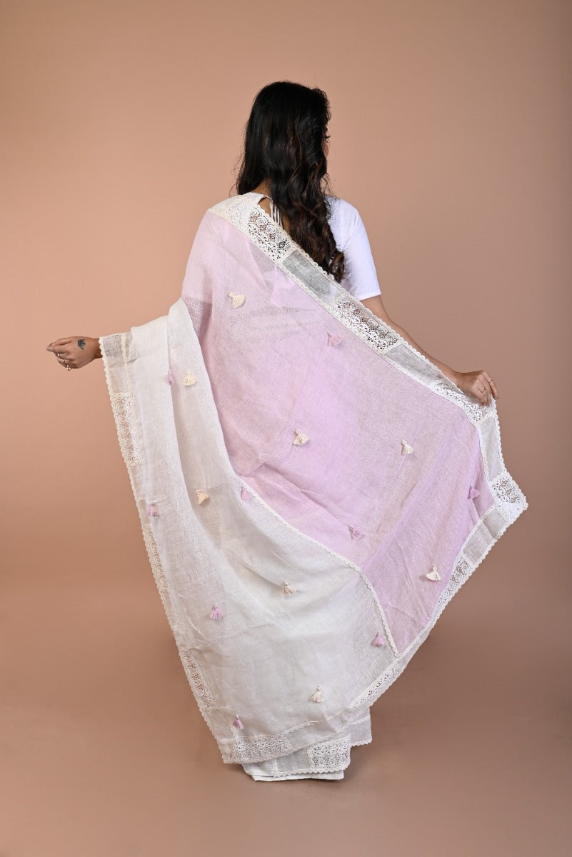 Linen Half-n-Half White And Baby Pink Saree