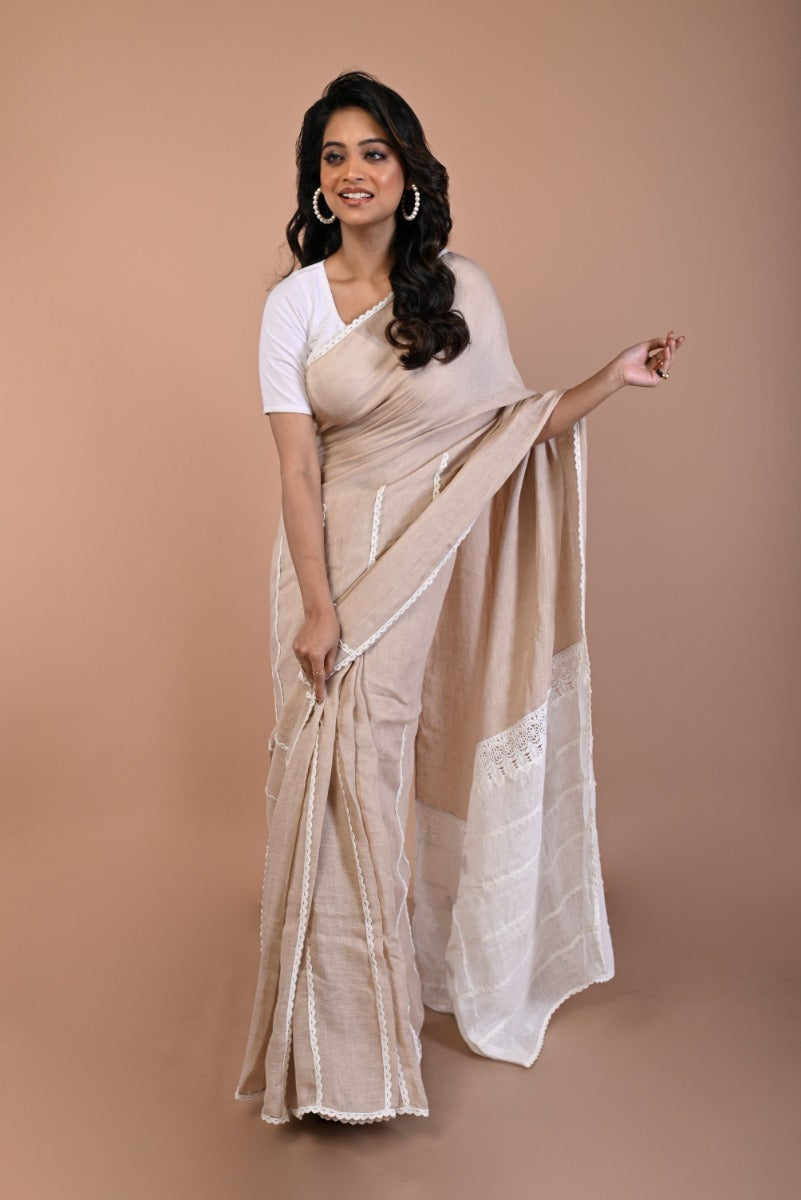 Linen Plain Brown Saree