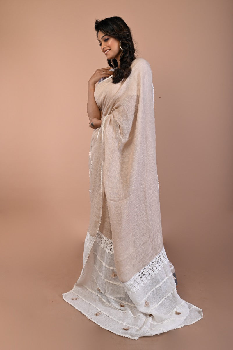 Linen Plain Brown Saree