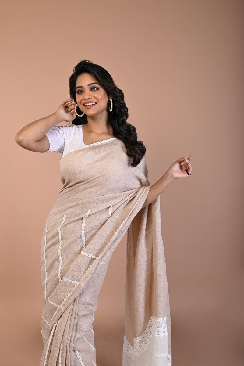 Linen Plain Brown Saree