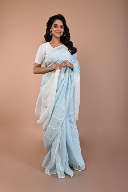 Linen Plain Sky Blue Saree