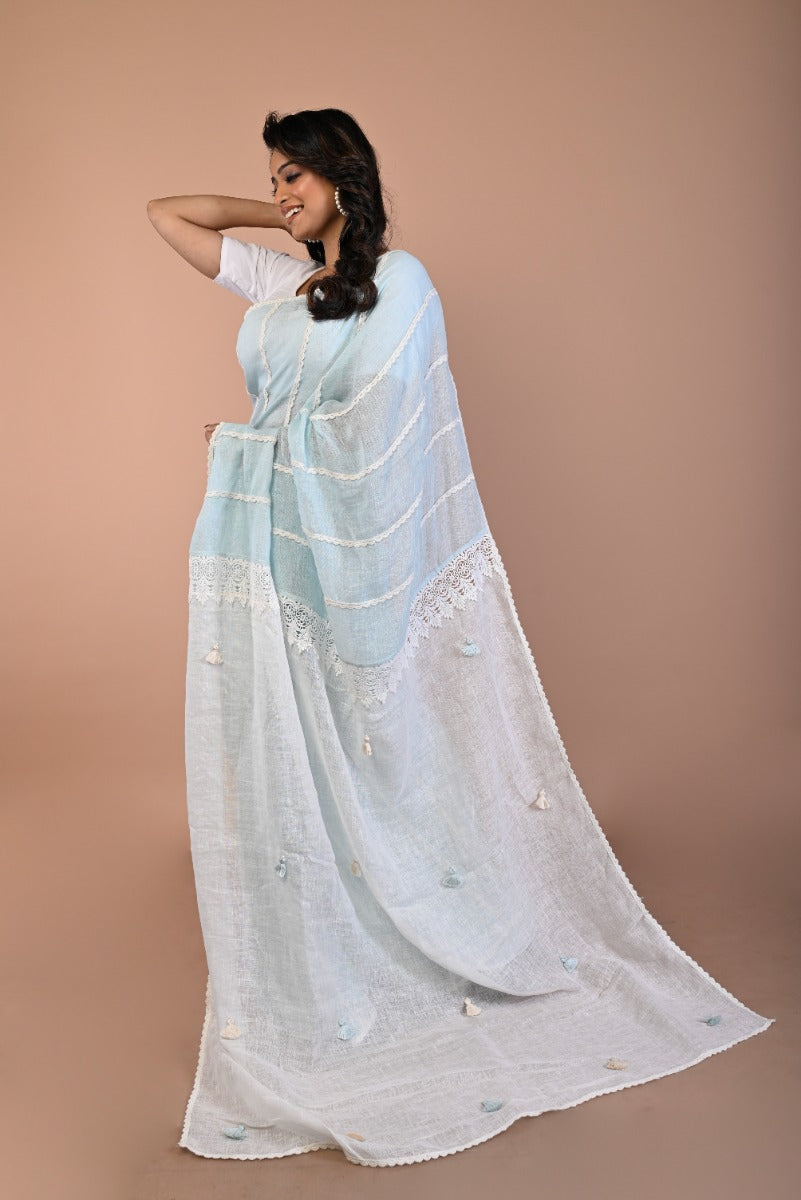 Linen Plain Sky Blue Saree