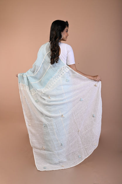 Linen Plain Sky Blue Saree