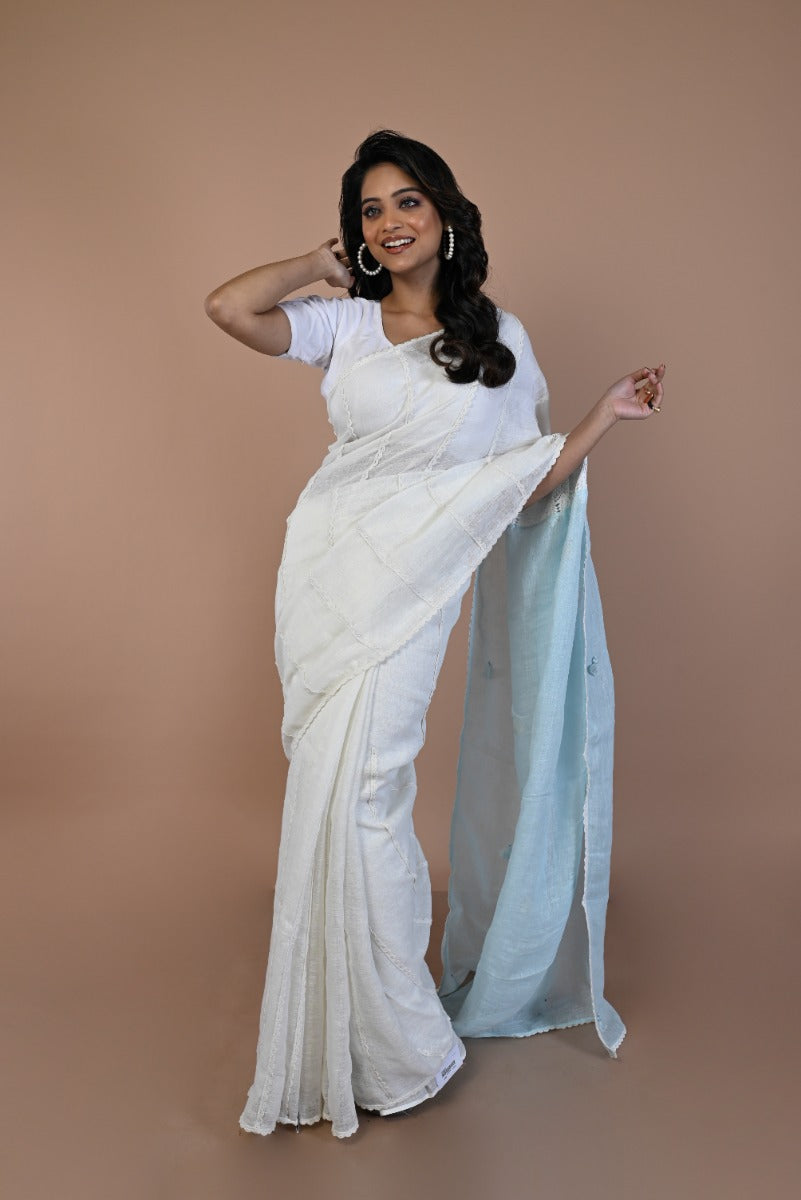 Linen Plain White Saree