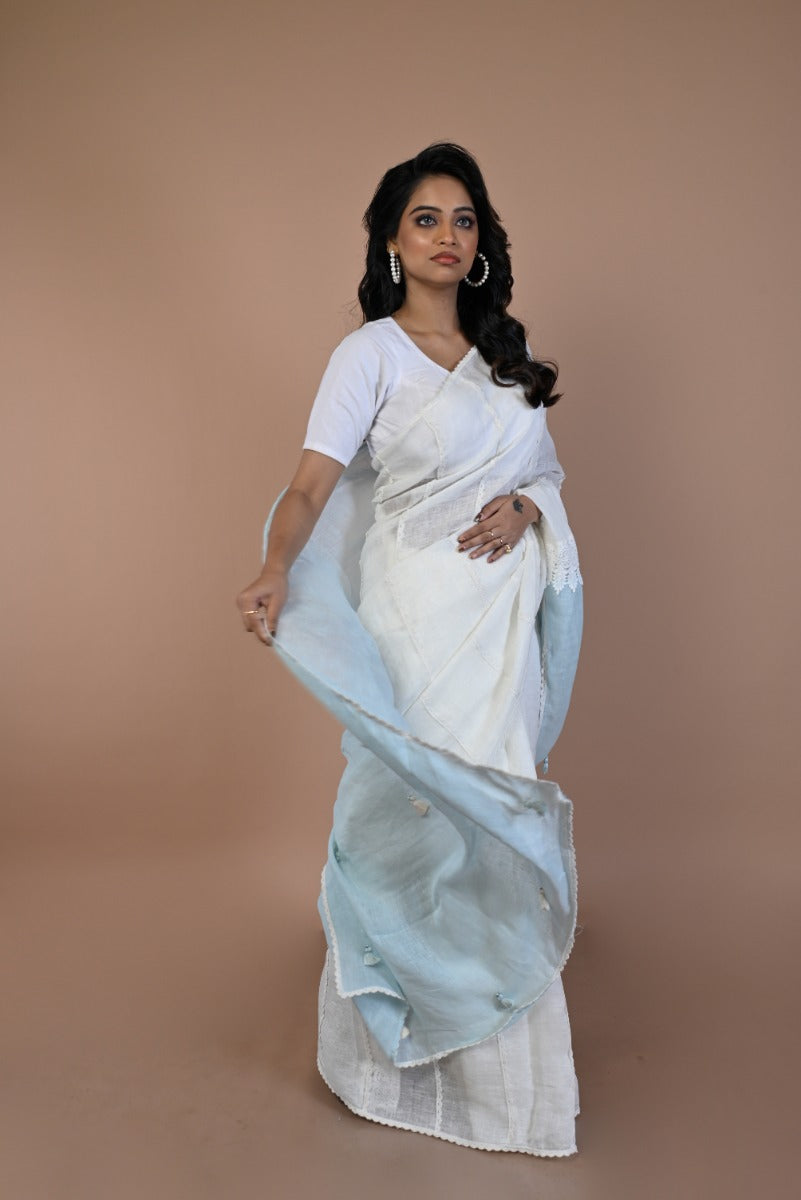Linen Plain White Saree