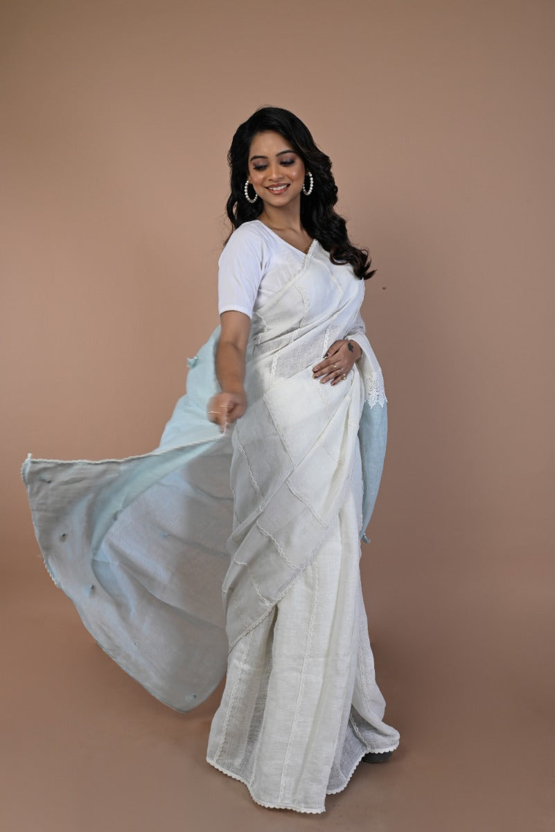 Linen Plain White Saree