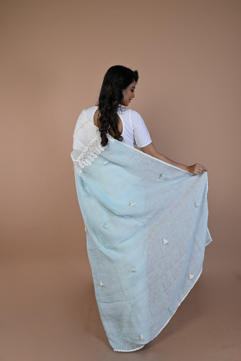 Linen Plain White Saree