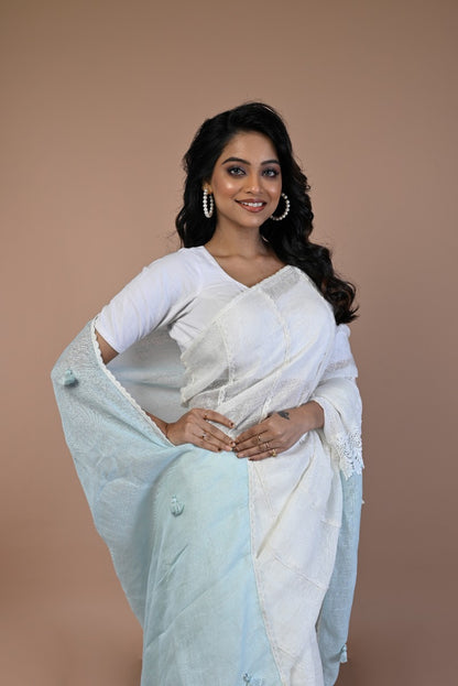 Linen Plain White Saree