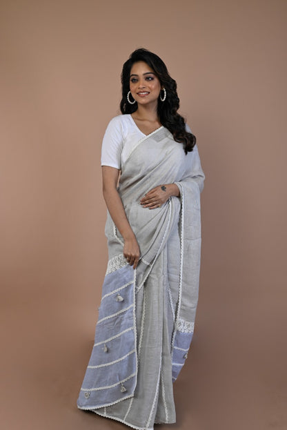 Linen Plain Grey Saree
