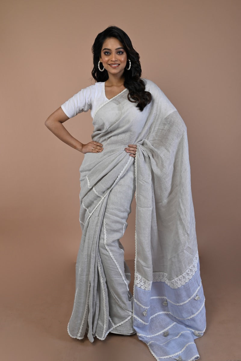 Linen Plain Grey Saree