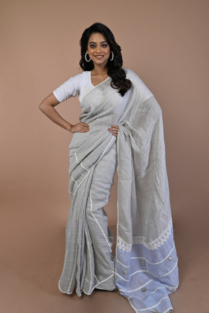 Linen Plain Grey Saree