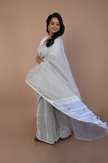 Linen Plain Grey Saree