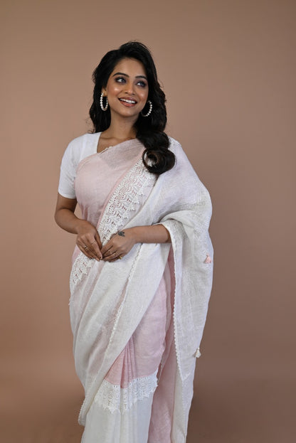 Linen Half-n-Half White And Pink Saree