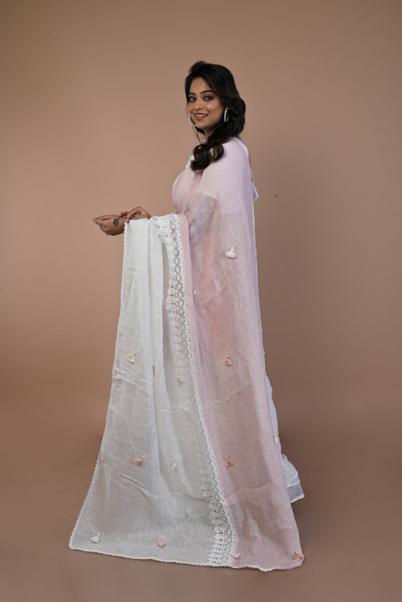 Linen Half-n-Half White And Pink Saree