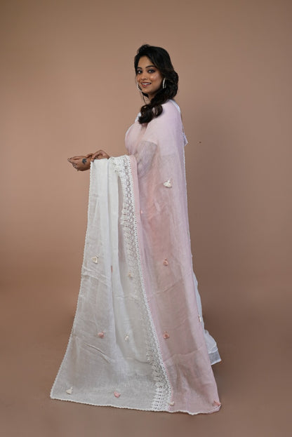 Linen Half-n-Half White And Pink Saree