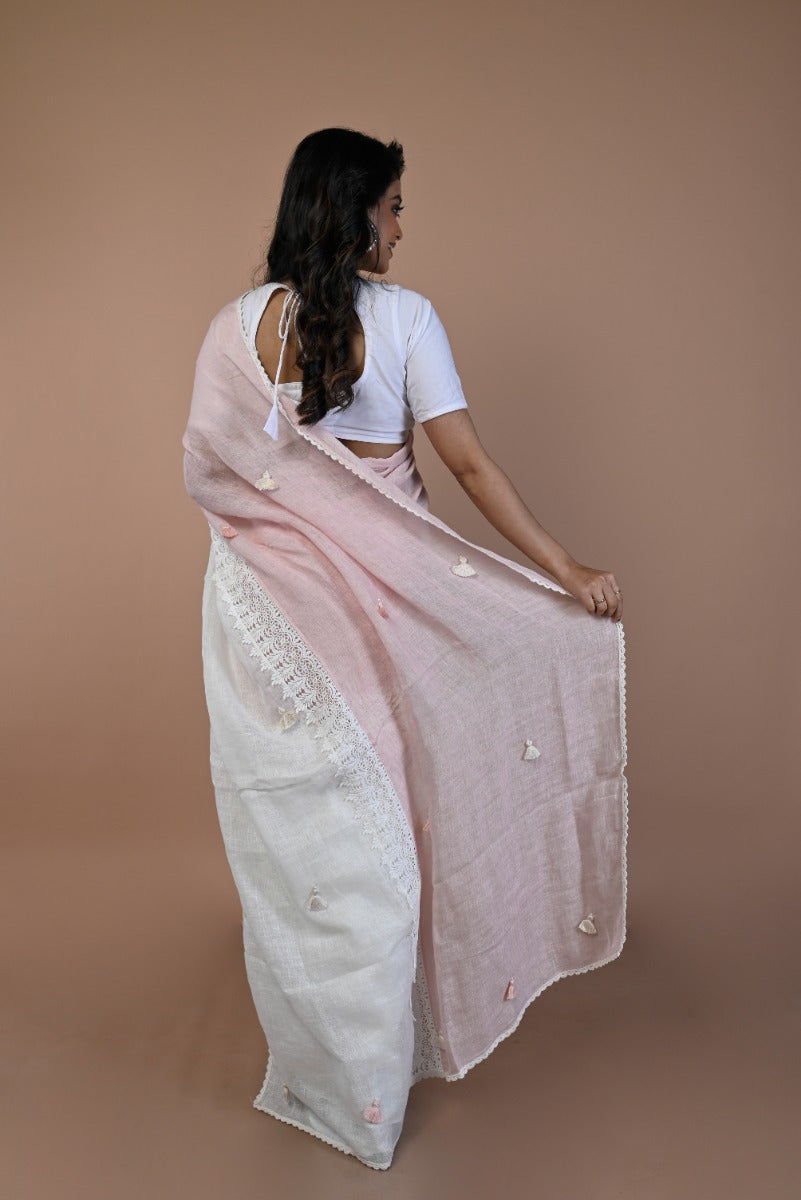 Linen Half-n-Half White And Pink Saree