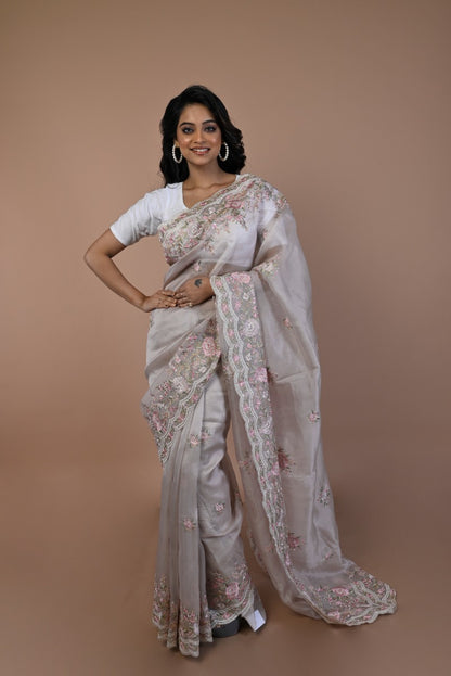 Organza Floral Embroidery Cream Saree With Scallop Border