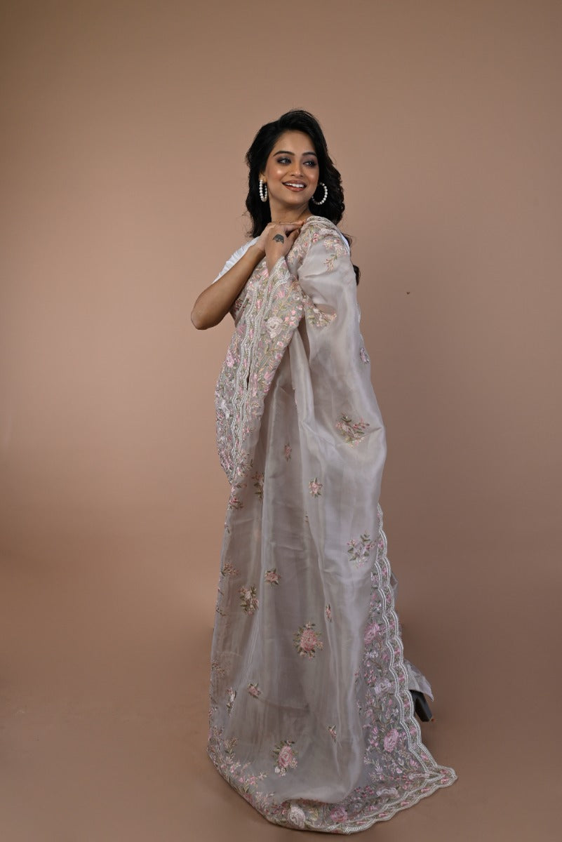 Organza Floral Embroidery Cream Saree With Scallop Border