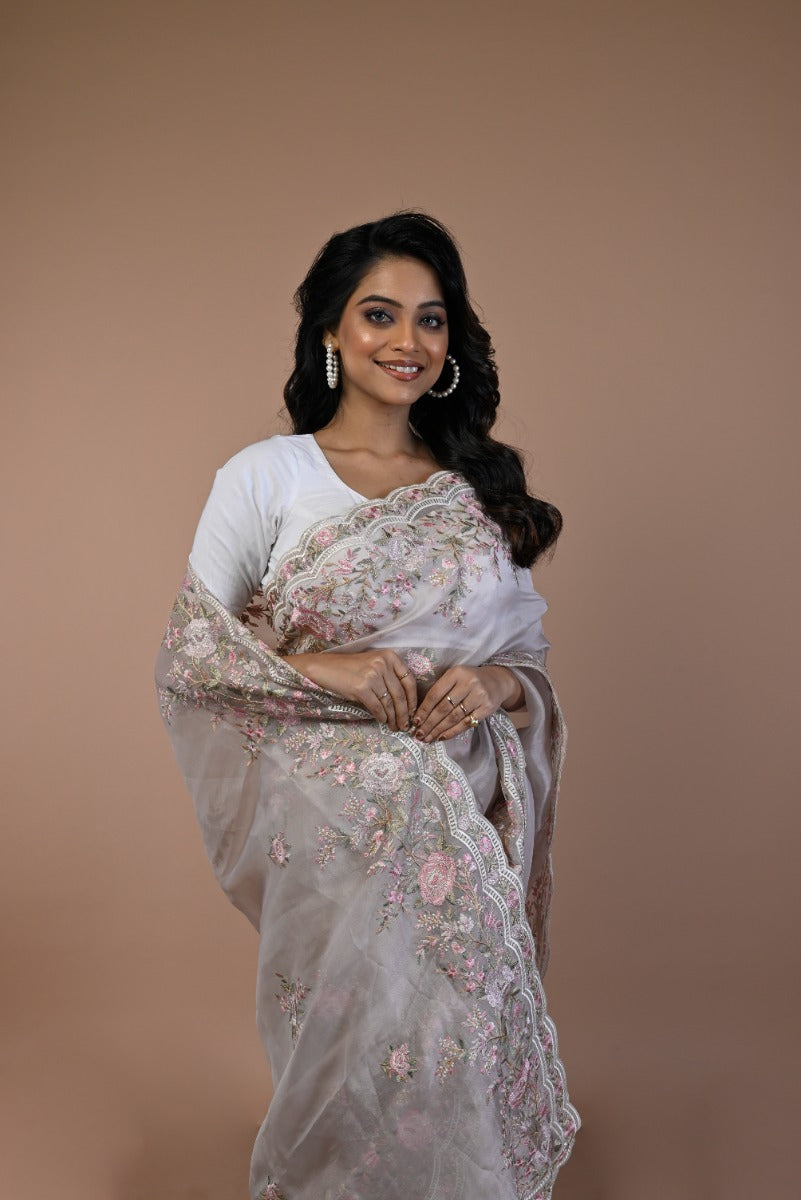 Organza Floral Embroidery Cream Saree With Scallop Border