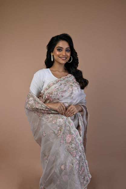 Organza Floral Embroidery Cream Saree With Scallop Border