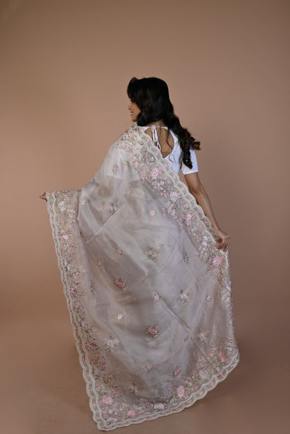 Organza Floral Embroidery Cream Saree With Scallop Border
