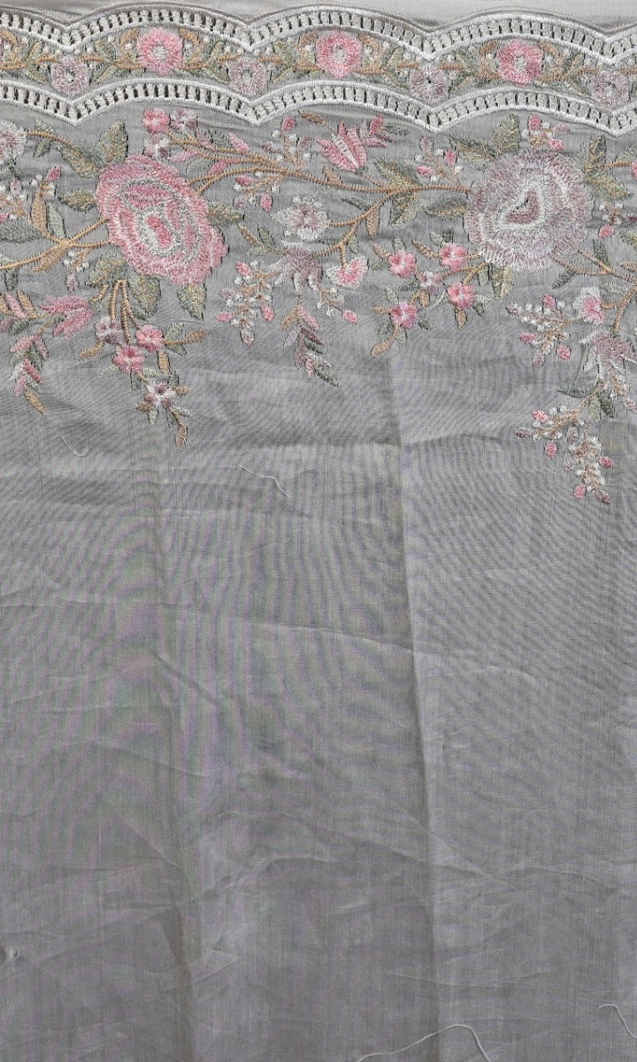 Organza Floral Embroidery Cream Saree With Scallop Border