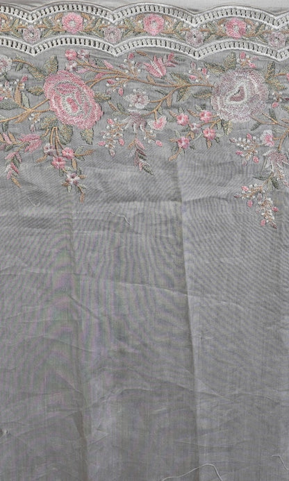 Organza Floral Embroidery Cream Saree With Scallop Border