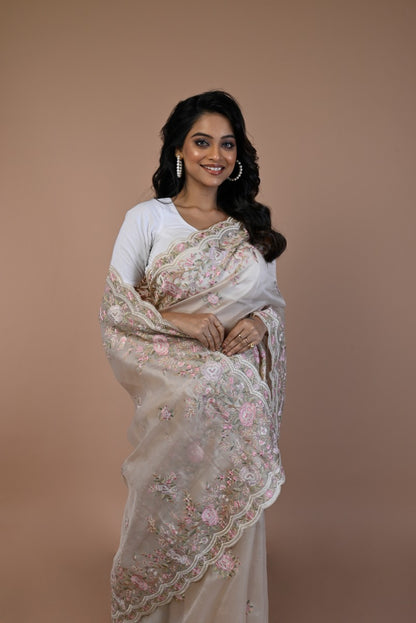 Organza Floral Embroidery Cream Saree With Scallop Border