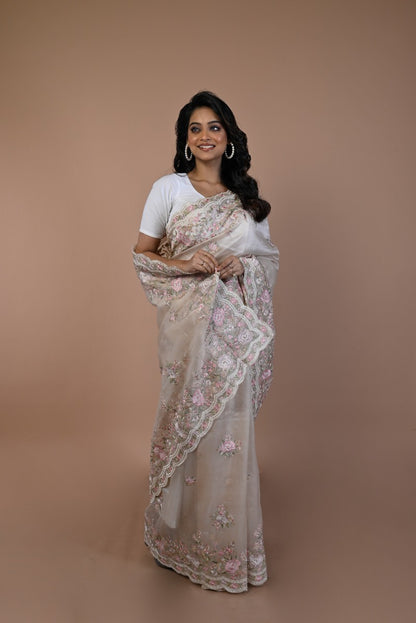 Organza Floral Embroidery Cream Saree With Scallop Border