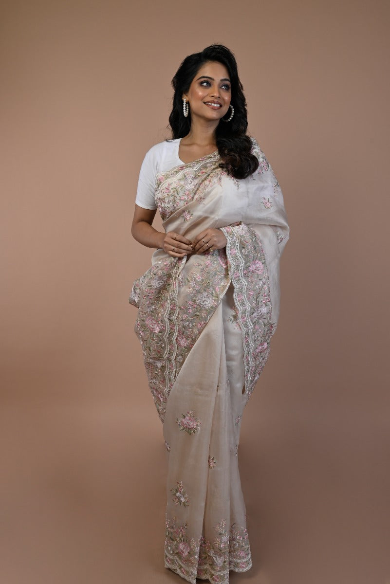Organza Floral Embroidery Cream Saree With Scallop Border