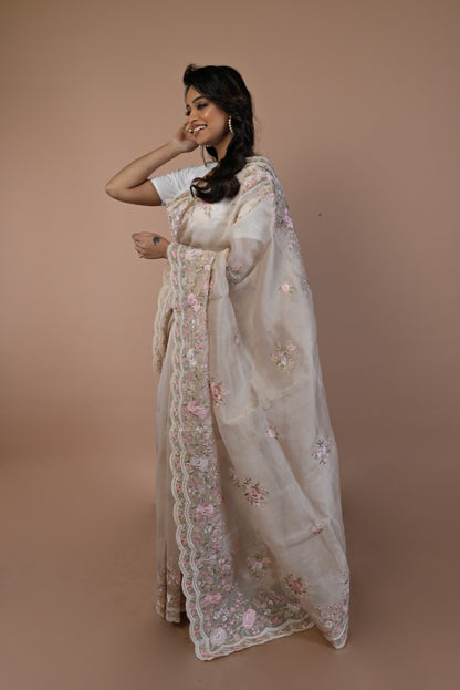 Organza Floral Embroidery Cream Saree With Scallop Border