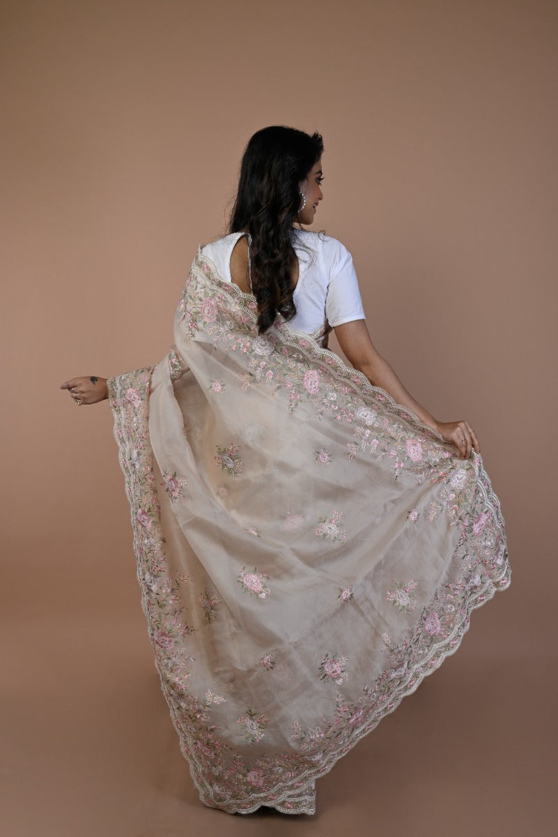 Organza Floral Embroidery Cream Saree With Scallop Border