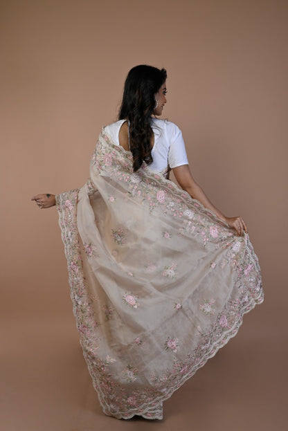 Organza Floral Embroidery Cream Saree With Scallop Border