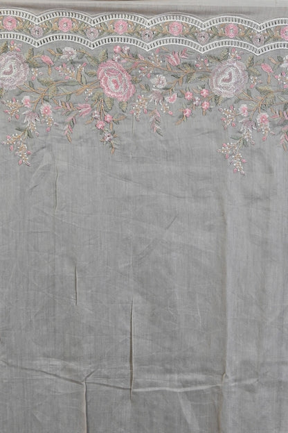 Organza Floral Embroidery Cream Saree With Scallop Border