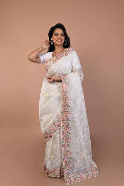 Organza Floral Embroidery Off White Saree With Scallop Border