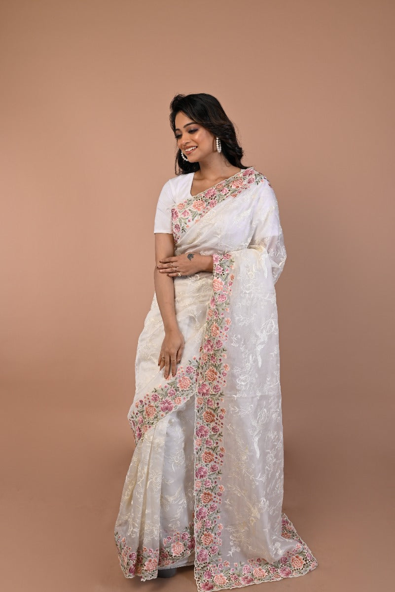 Organza Floral Embroidery Off White Saree With Scallop Border