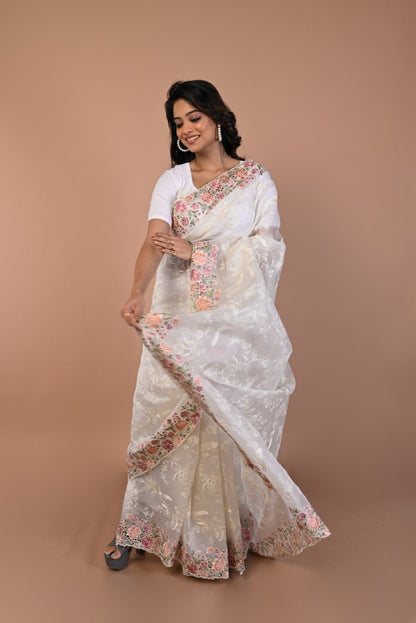 Organza Floral Embroidery Off White Saree With Scallop Border