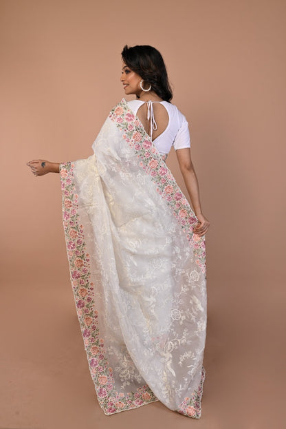 Organza Floral Embroidery Off White Saree With Scallop Border