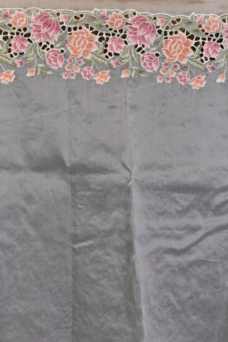 Organza Floral Embroidery Off White Saree With Scallop Border