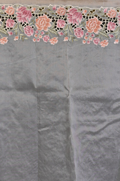 Organza Floral Embroidery Off White Saree With Scallop Border