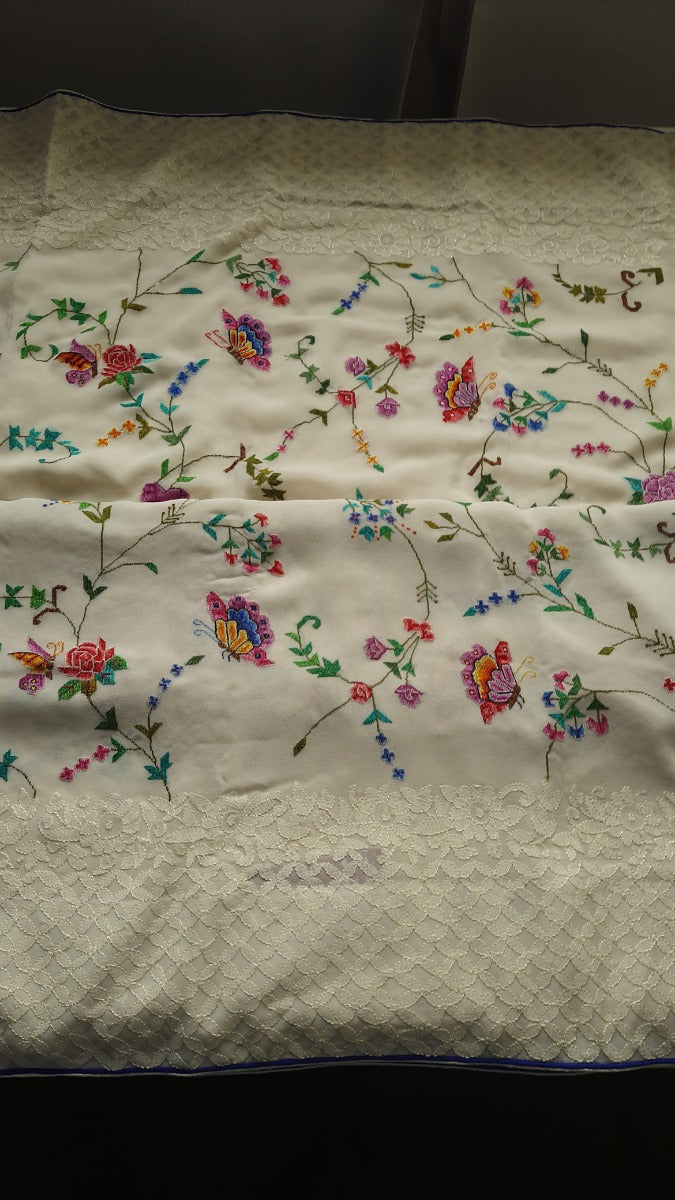 Petite Point And Chikankari Embroidery Georgette Cream Saree