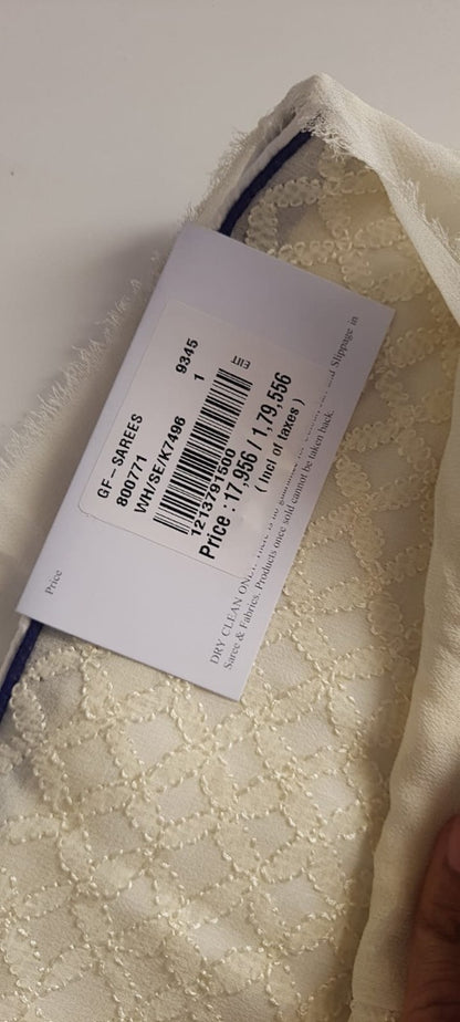 Petite Point And Chikankari Embroidery Georgette Cream Saree