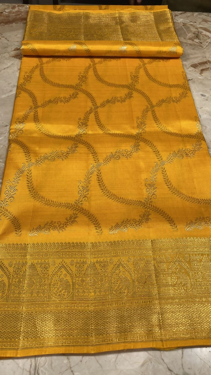 Kanchipuram Silk Jaal Mustard Yellow Saree