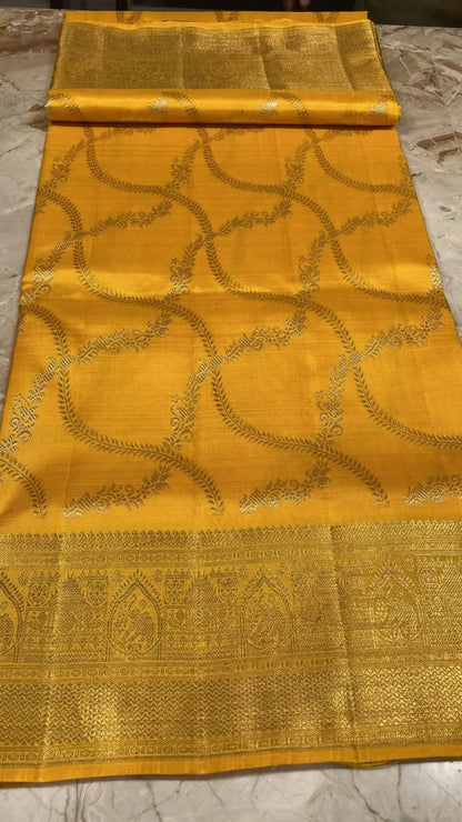 Kanchipuram Silk Jaal Mustard Yellow Saree