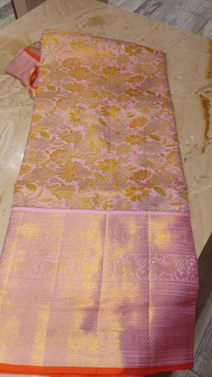 Kanchipuram Silk Tissue Jaal Pink Saree