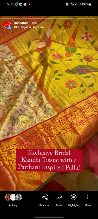 Kanchipuarm Silk Tissue Gold Saree With Paithani Inspired Pallu
