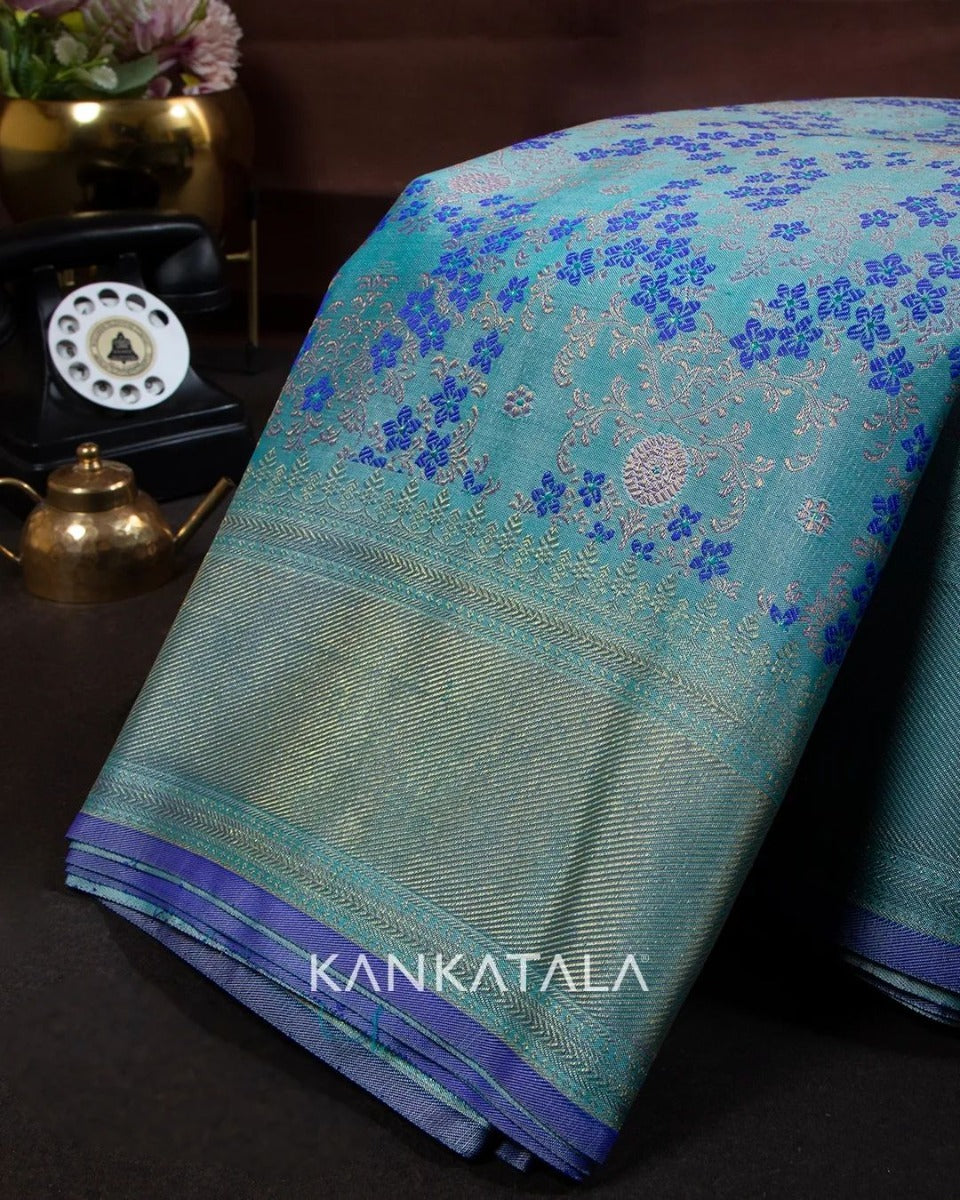 Antique Zari Kanchipuram Silk Jaal Pastel Blue Saree