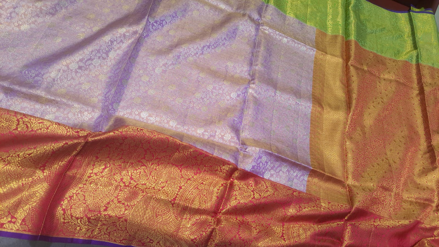 Kanchipuram Silk Tissue Jaal Lavender Saree With Ganga Jamuna Border