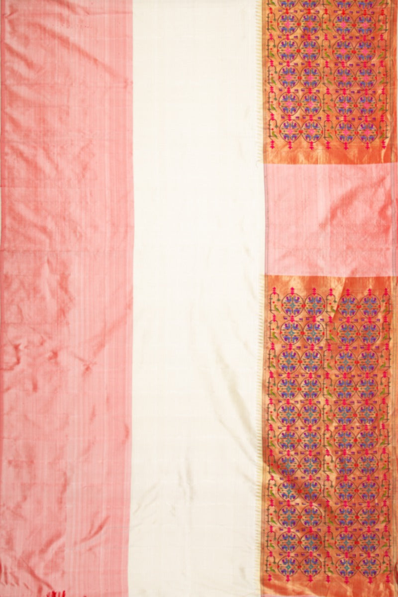 Paithani silk Mor Bangdi Cream saree